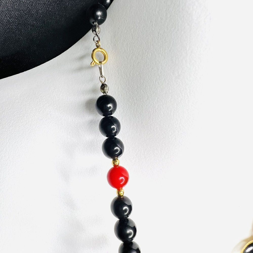 Vintage Black Enamel Red Cabochon Beaded Beads Necklace Gold Tone BEAUTIFUL 1052 - Picture 6 of 7
